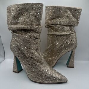 NEW Betsey Johnson Mac Slouch Ankle Boot Gold Glass Rhinestone Crusted Sz 8.5 M